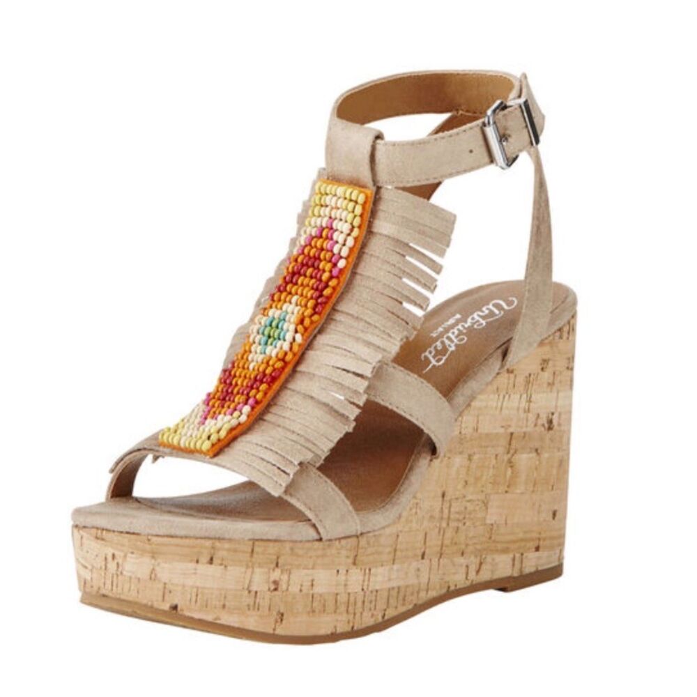 ARIAT Unbridled Lolita Cork Wedge Fringe Sandal, Sz 7